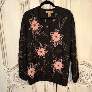 So Forth Vintage Look 100% Wool 3D Embroidery Long Sleeve Cardigan Sweater S/1X